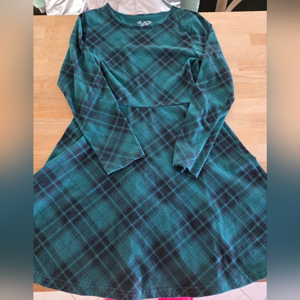 The Children's Place Dress Girls Size 7-8 Plaid Long Sleeve Green Black NWOT
